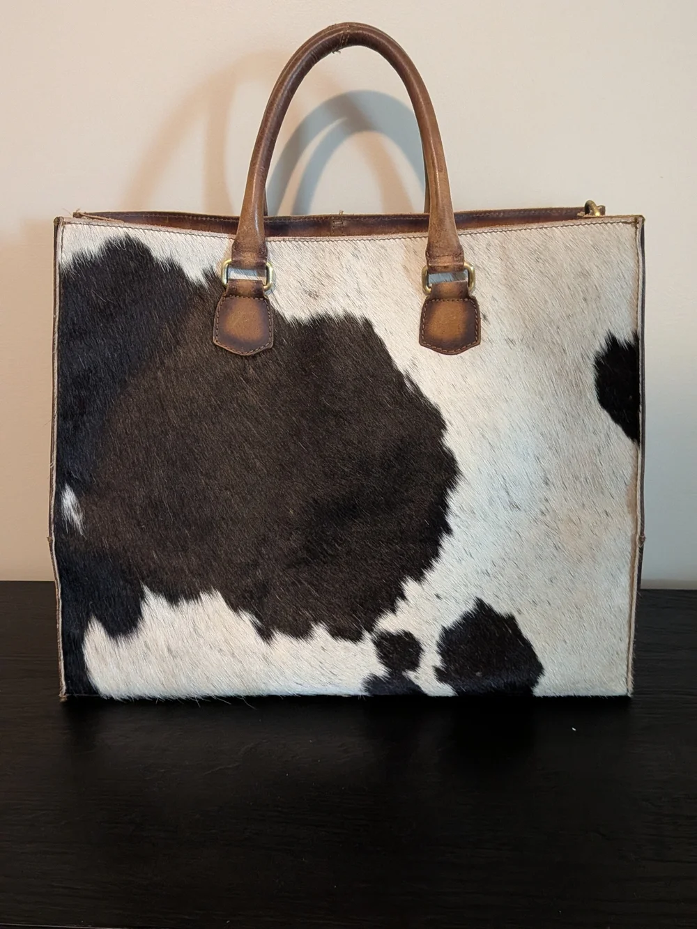 American Darling Cowhide Leather Top-Handle Tote Bag in Brown & White